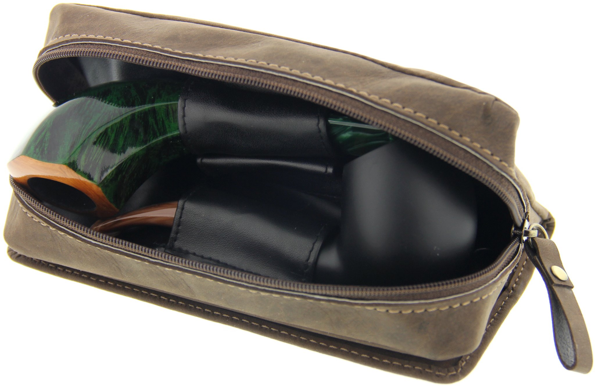 Big Ben Pfeifentasche Kombibeutel für 2 Pfeifen Leder braun Variante 3 (745900060) offen mit Pfeife