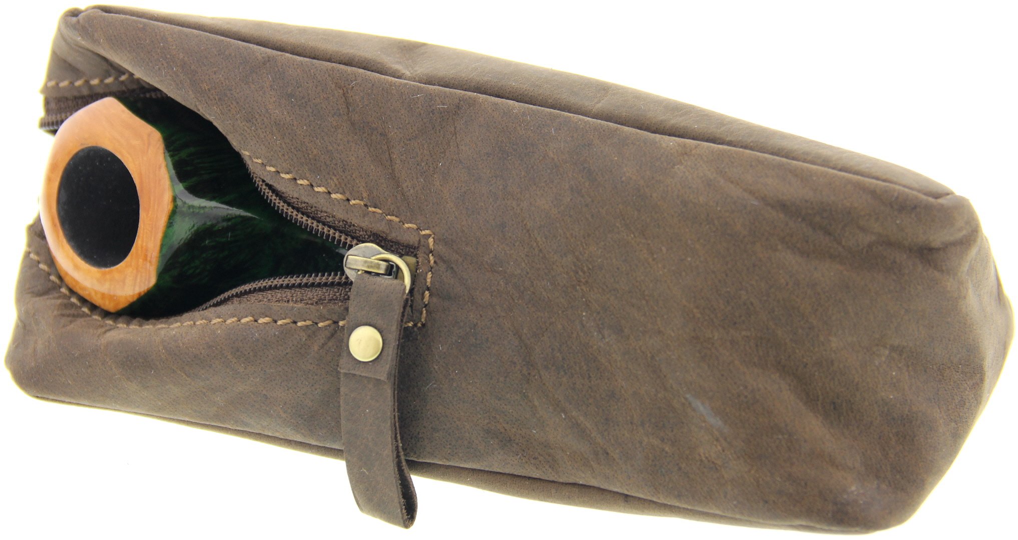 Big Ben Pfeifentasche Kombibeutel für 1 Pfeife Leder braun (74590020) offen mit Pfeife