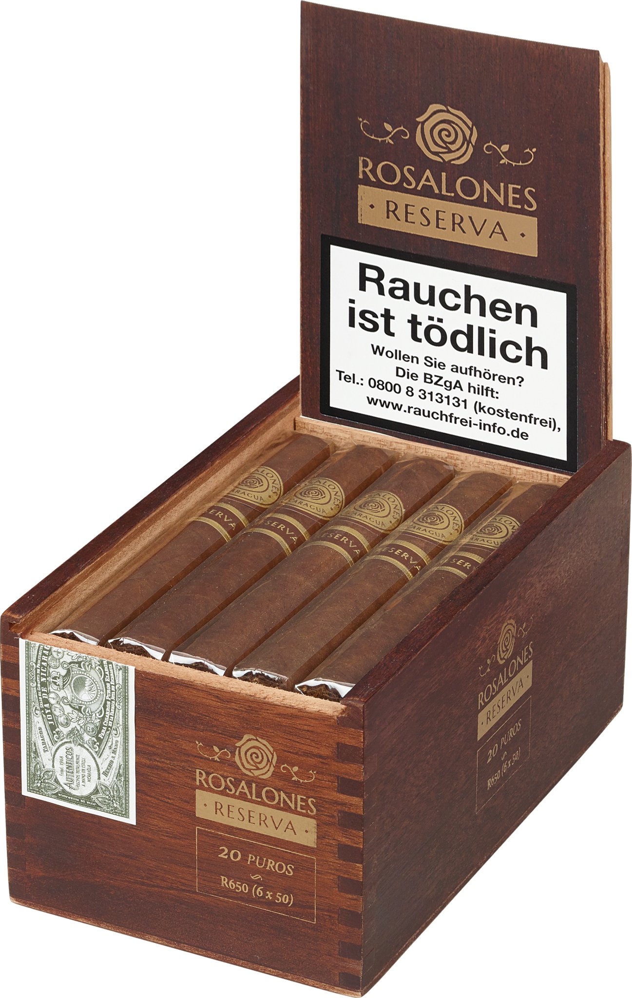 Joya de Nicaragua Rosalones Reserva R546 Corona Kiste offen Detailbild