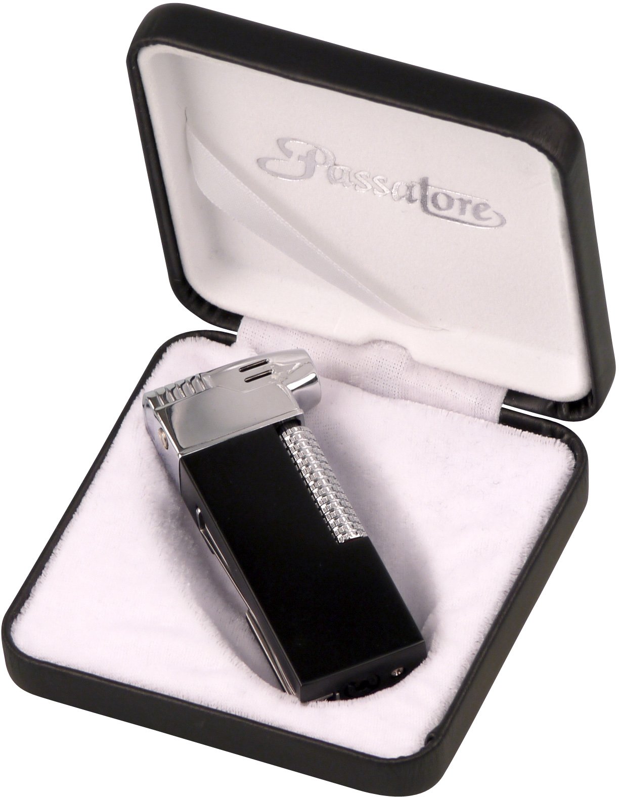 Passatore Pfeifenfeuerzeug schwarz matt chrom poliert (234012) Verpackung