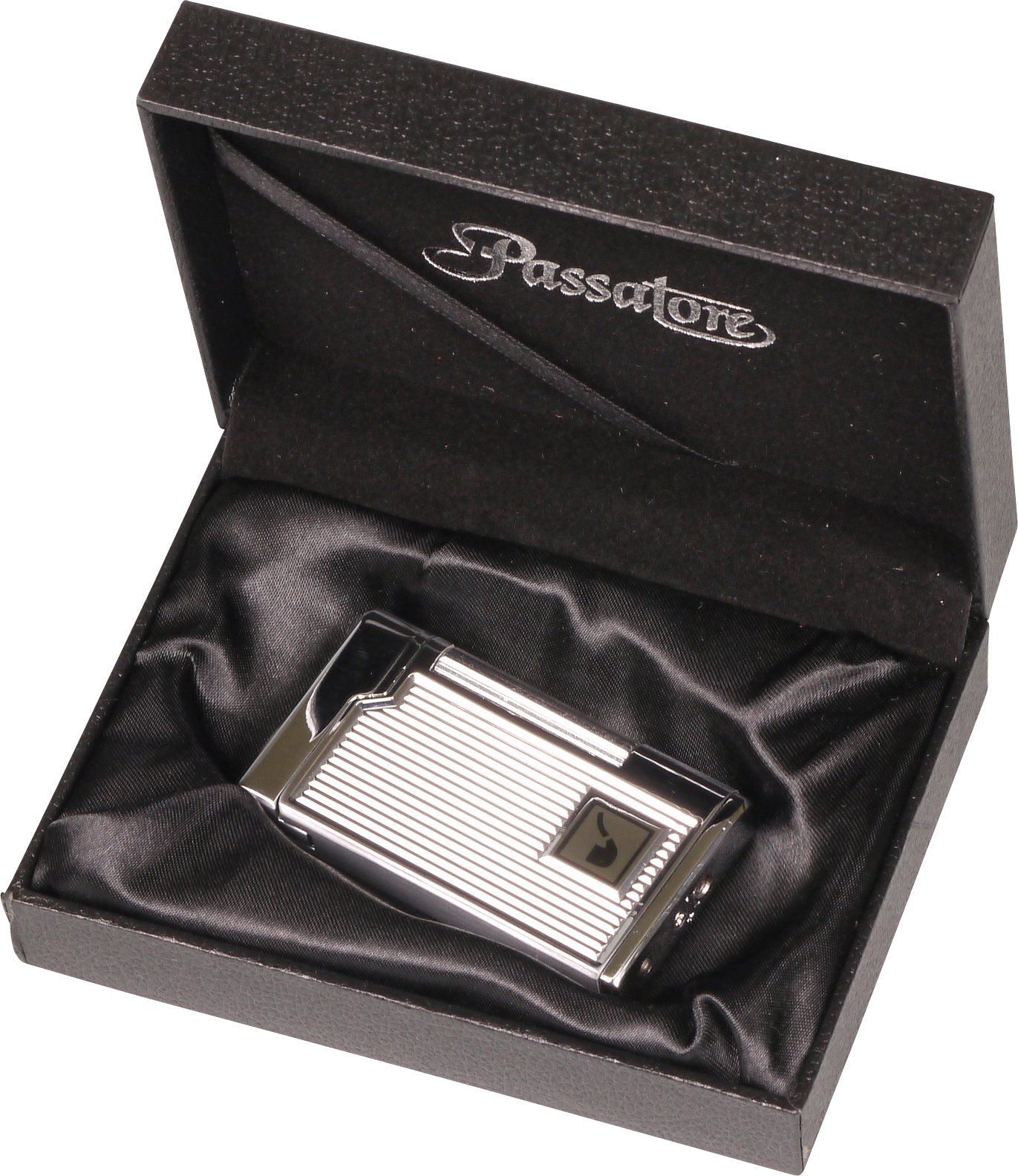 Passatore Pfeifenfeuerzeug chrom poliert mit Streifen (234041) Verpackung offen